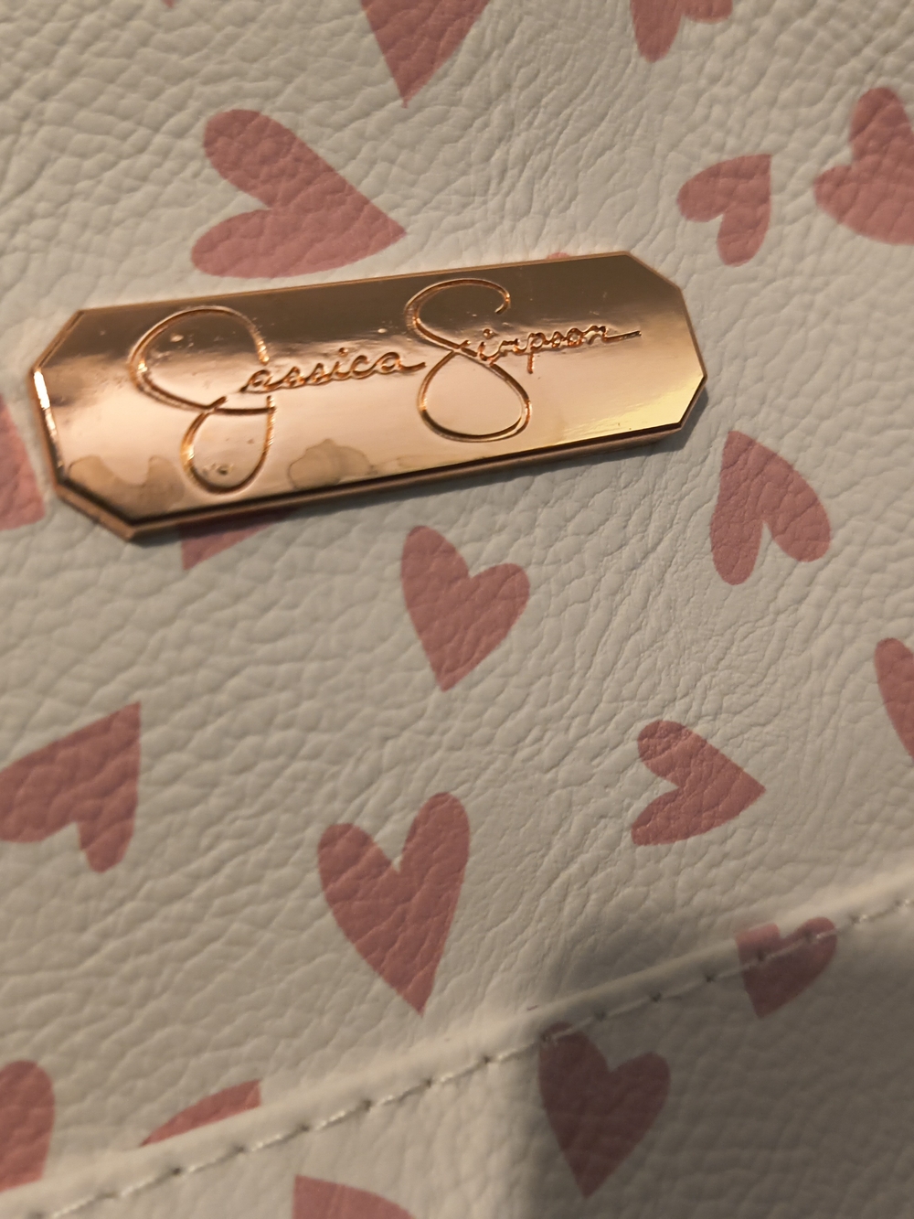 Jessica Simpson White Heart Print Handbag with Rose Gold Plaque
